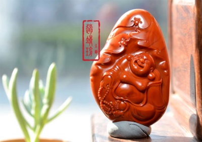 南红玛瑙石笑弥勒把件图片欣赏